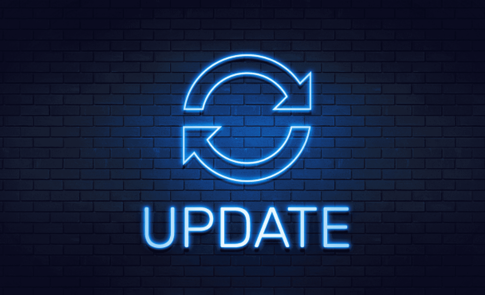 EN 18031 evidence maintenance after firmware updates. The word "UPDATE" on a blue brick wall with two arrows forming a circle above.