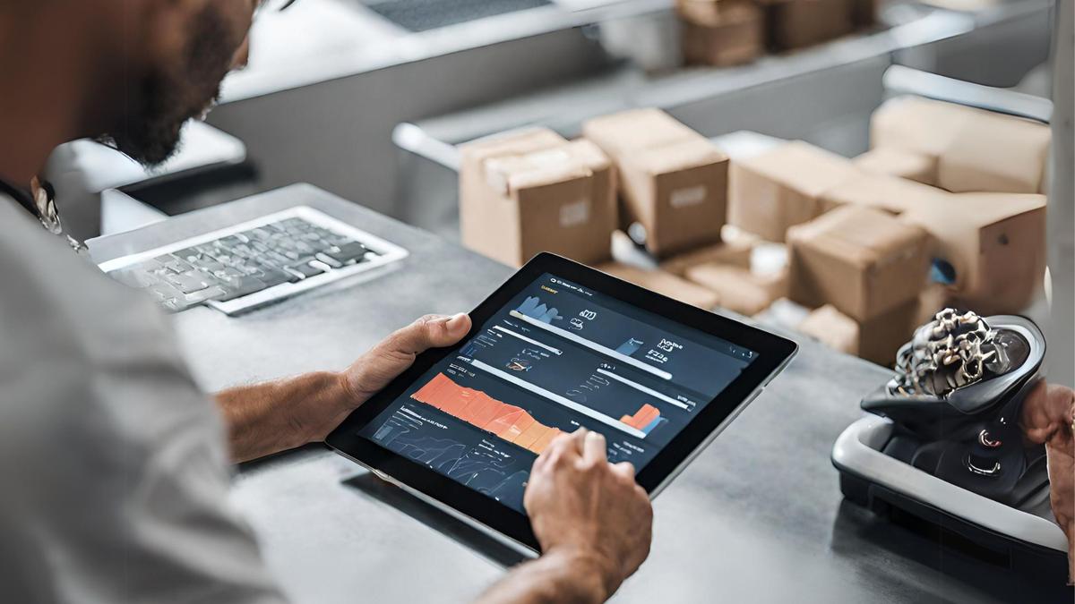 A person using supply chain solutions software on a tablet device